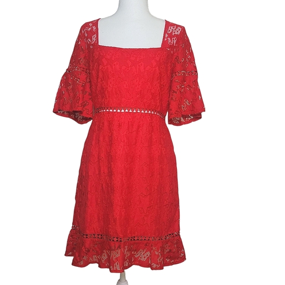 NWT MinkPink Cherry Red Starstruck Lace Mini Party Dress Sheer Back Star Print M - Picture 5 of 14